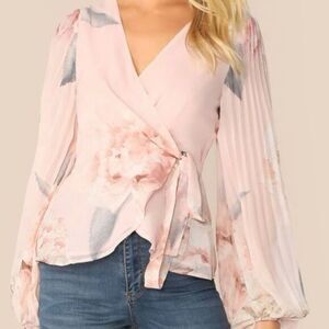Pleated Lantern Sleeve Floral Wrap Knotted Blouse